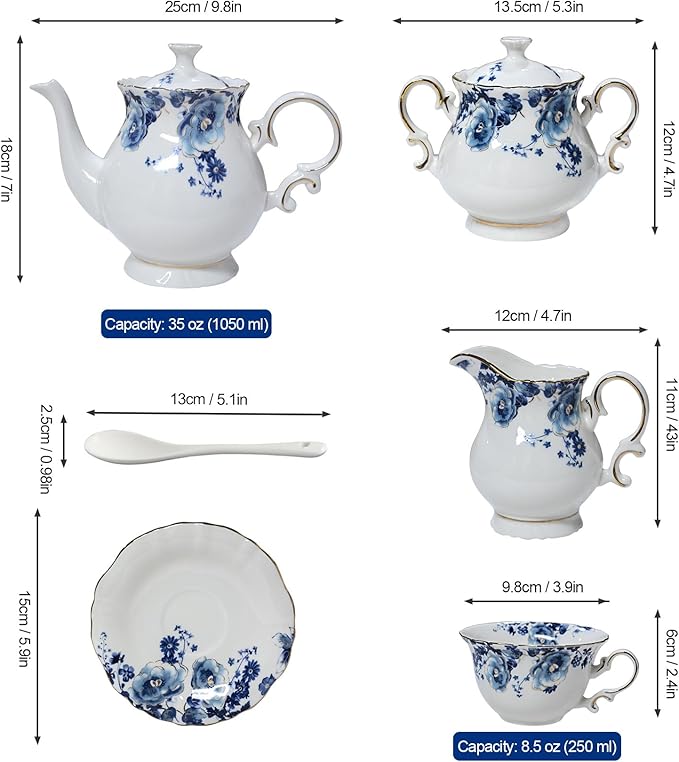 21-Piece Bone China Tea Set for Adults, Blue and White Porcelain Tea Set for 6, Vintage Floral Tea Cup Set With Teapot, Tea Party Sets for Women Gift，Gift Box - Bloomnest