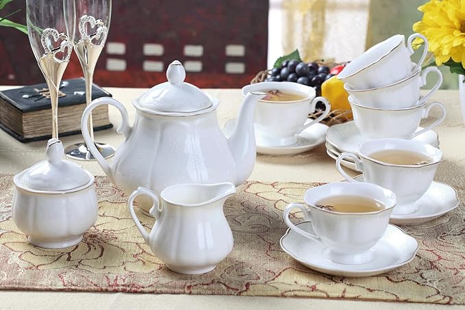 GuangYang 15-pcs Porcelain Tea sets for Adults, Off White Embossed Pattern with Gold Trim (A set Included 1 Teapot, 1 Sugar Bowl, 1 Cream Pitcher, 6 Cups and 6 Saucers) - Bloomnest