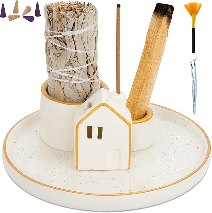 ZenBless 5 in 1 Incense Holder Burner for Palo Santo, Sage, Incense Sticks/Cones and Candle - Ceramic Incense Cone Smudge Tray,Aromatherapy Home Decoration - Bloomnest