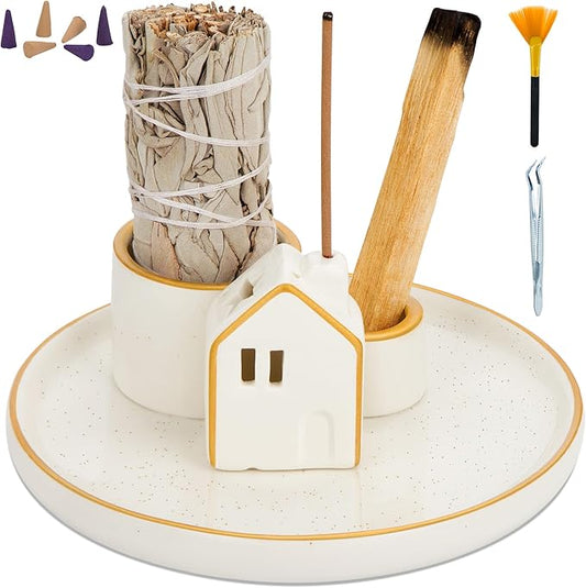 ZenBless 5 in 1 Incense Holder Burner for Palo Santo, Sage, Incense Sticks/Cones and Candle - Ceramic Incense Cone Smudge Tray,Aromatherapy Home Decoration - Bloomnest