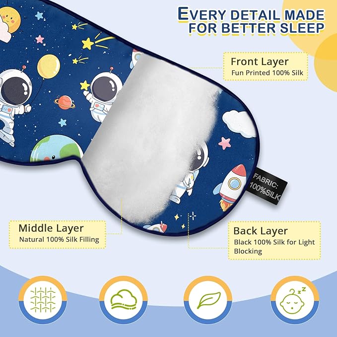 Kids Silk Sleep Mask: 100% Mulberry Silk Eye Mask with Adjustable Strap, Cute Sleeping Blindfold for Boys Girls Teens, Soft & Lightweight Eye Shade for Travel, Nap, Bedtime (Space Style) - Bloomnest