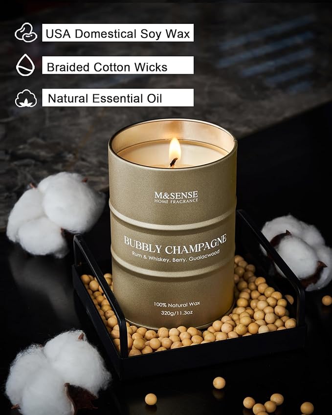 M&SENSE Bubbly Champagne Scented Candles - Home & Gift, Natural Soy, 70 Hour Burn Time, 11.3 oz - Bloomnest