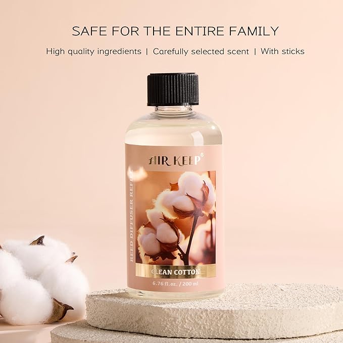 Airkeep Reed Diffuser Oil Refill with Diffuser Sticks, 6.76 Fl Oz(200ml) Clean Cotton Scented Oils, Aroma Therapy, Home Fragrance & Air Freshener, Office Décor, Decoration - Bloomnest