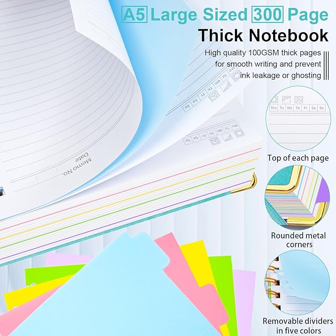 Hardcover Spiral Notebook 6.2"x 8.2" Journal Notebook with Tabs and Removable Dividers 300 Pages 5 Subject Notebook College Ruled, Faux Leather Spiral Bound Notebook for Women School Work (Blue) - Bloomnest