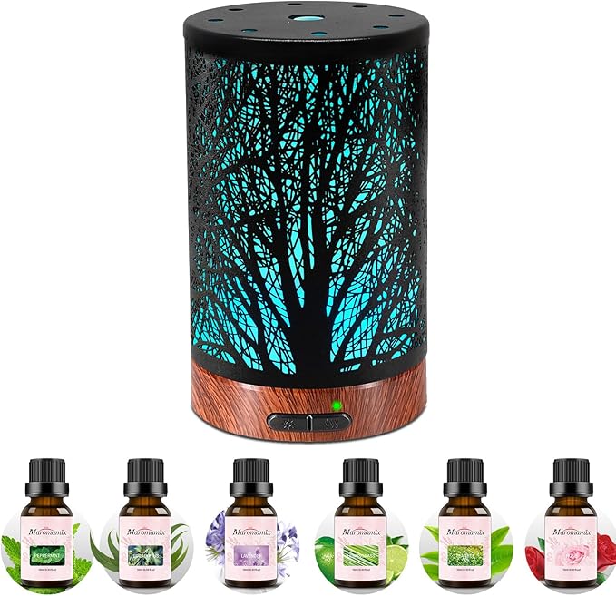 Oil Diffuser & Essential Oils Set - Oil Diffuser 150ml with 6 Essential Oils Set, Aromatherapy Cool Mist Oil Diffusers for Essential Oils, Auto Shut-Off，7 Colors Night Light,Gifts for Mom - Bloomnest