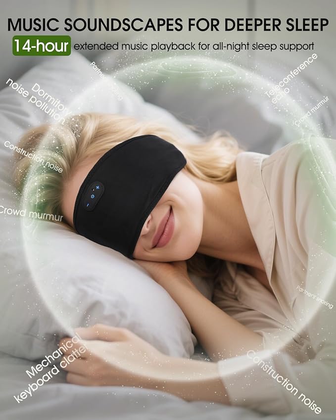 Bamboo Cotton Sleep Headphones,Ultra-Soft Wireless Headband Bluetooth for Side Sleepers, with 14H Playtime & Bluetooth 6.0, 4-in-1 Music Sleep Earphones for side sleeping(BLACK) - Bloomnest