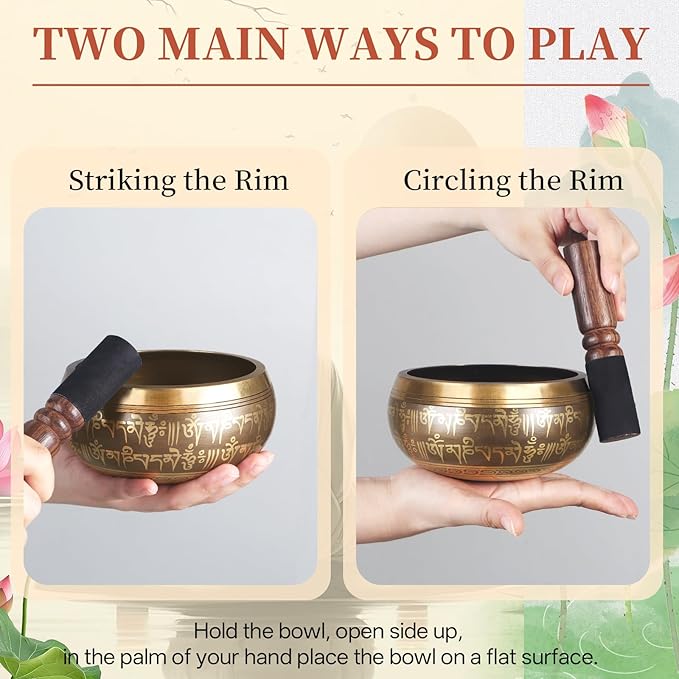 AKLOT HandMade Meditation Singing Bowl: Tibetan Sound Bowl Set with Pure Tone, Sound Bath Bowl with Cushion, Mallet, Carry Bag, Spiritual Gift for Chakra Clearing, Yoga, Prayer, Relaxation (5 Inch)