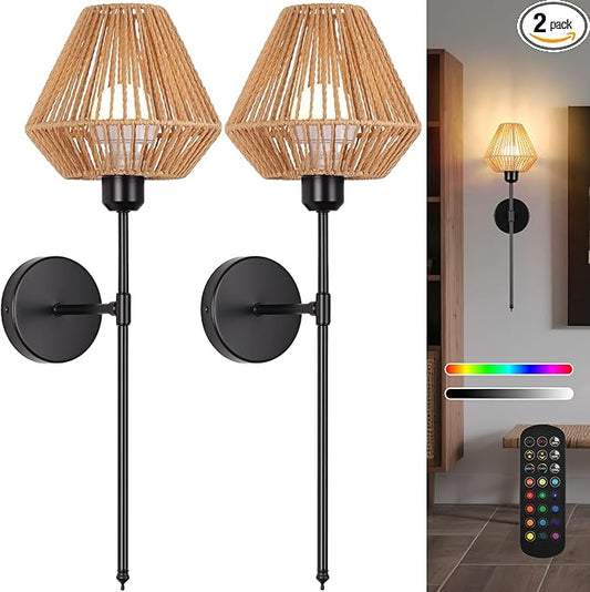 Battery Operated Wall Sconces Set of 2,Rattan Rechargeable Wall Light Dimmable with Remote Control,15 Color Changing and Timer,Boho Black Gold Wall Lamps for Bedroom,Living Room - Bloomnest