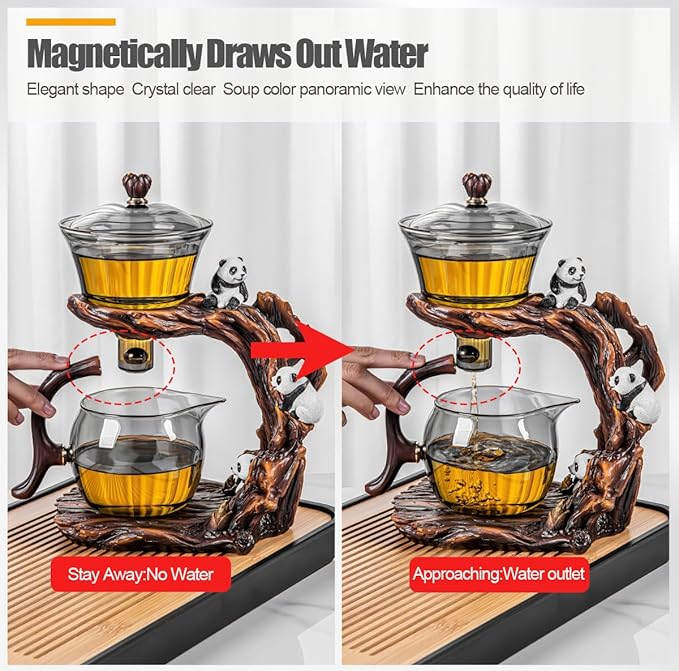Lazy Kungfu Drip TeaPot, Heat Resistant Tea Set, Semi-Automatic Glass Teapot Suit for Magnetic Water Flow Wooden Glass Teapot Set