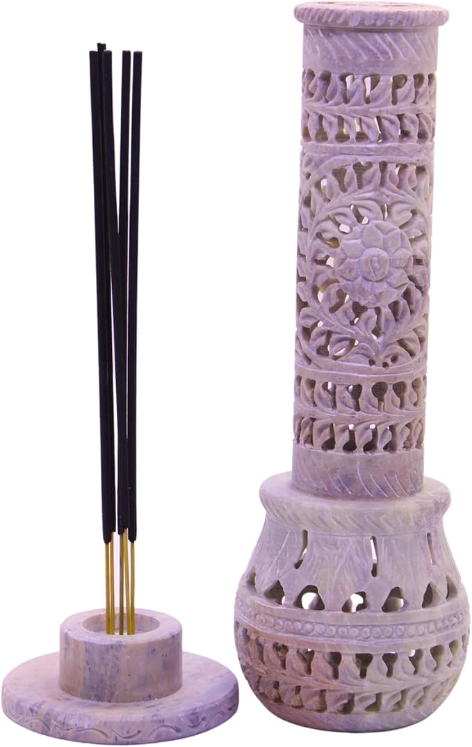 Carry Me Marble Soapstone Incense Stick Holder | Candle Burner | Tea Light Stand - Perfect Handmade Bottle Tower. Decorative Floral Carving for Gifting - Home and Office Decor - (2.5x2.5x10 Inches) - Bloomnest