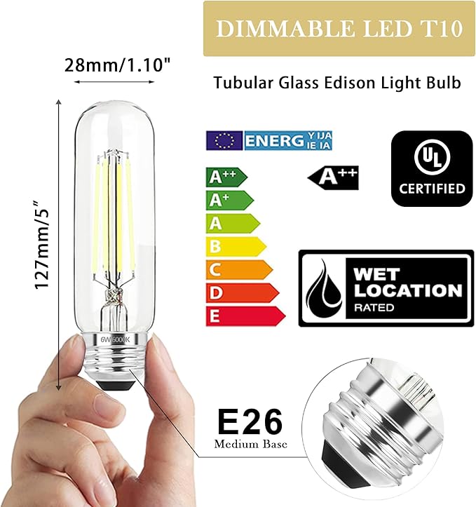 5 Inch Edison Bulb, 6000K Cool White E26 Led Bulb 6W Dimmable, 800LM T10 T9 Bulb Clear Glass Tubular Light Bulbs, AC 120V Equal 80 Watt Bulbs for Chandelier Pendant Wall Light - 6Pack - Bloomnest