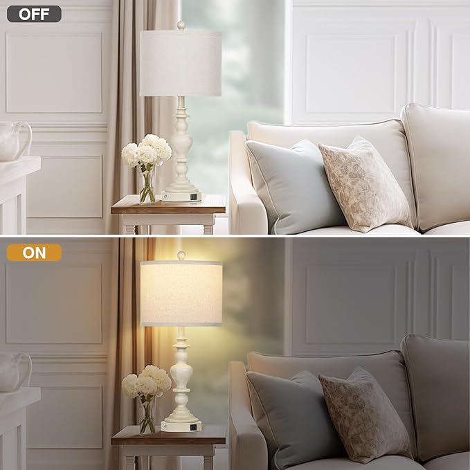 27" Farmhouse Table Lamps Set of 2, Vintage Bedside Lamps with USB A+C Charging Ports, 3-Way Dimmable Touch Control Traditional Nightstand Lamp for Living Room Beige (Bulbs Included) - Bloomnest