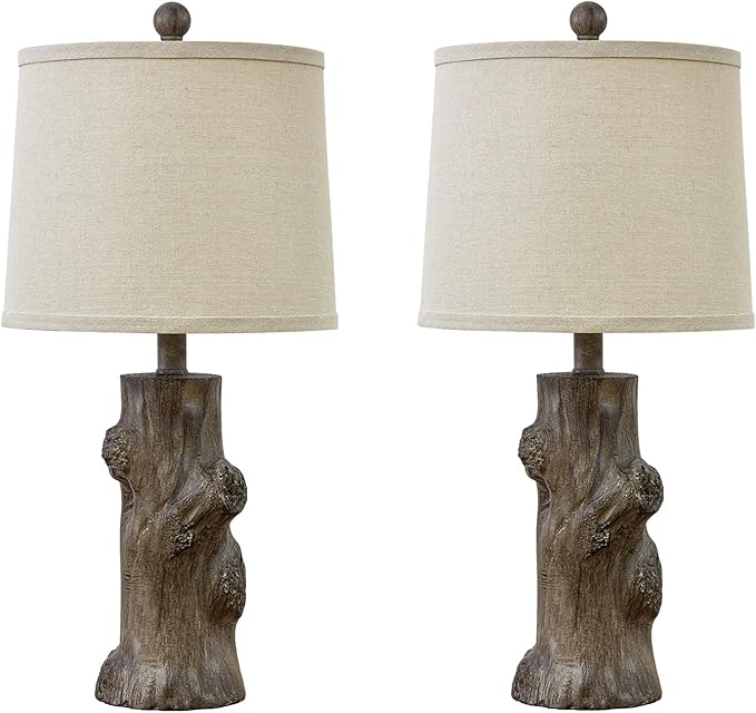 OYEARS 23"Resin Table Lamps for Living Room Set of 2 Country Cottage Farmhouse Lamp for Bedroom Tree Trunk Wood Grain with Oatmeal Fabric Round Shade Vintage Rustic Traditional Nightstand Bedside Lamp - Bloomnest