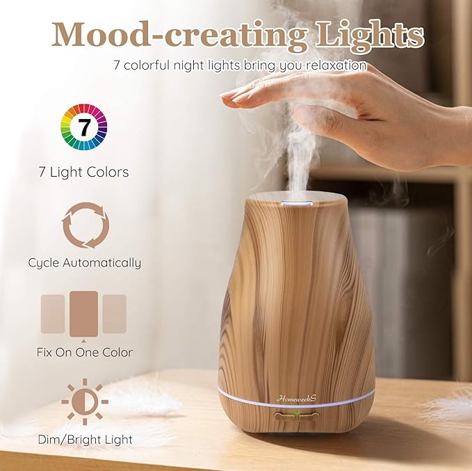 Aromatherapy Essential Oil Diffuser for Room: 100ml Air Humidifier Aroma Scent Cool Mist Diffusers Colorful Light Cute Mini Small Waterless Auto Off Ultrasonic for Home Bedroom (Yellow Wood Grain) - Bloomnest