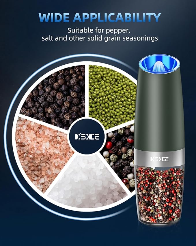 XinXu Gravity Electric Pepper and Salt Grinder Set, Adjustable Coarseness, Battery Powered with LED Light, One Hand Automatic Operation, Dark Green - 2 Pack - Bloomnest