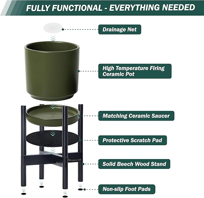 D'vine Dev Ceramic Planter with Ebony Stand - 8 Inch Modern Round Flower Pot with Wood Planter Holder, Olive, 55-B-M-J - Bloomnest