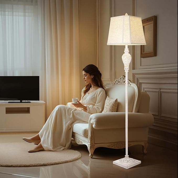 Floor Lamp for Living Room, Vintage Standing Lamp with Nightlight, 65" Tall Lamp with White Linen Shade, Farmhouse Rustic Floor Lamp for Bedroom, Office, Corner (LED Bulb Included) - Bloomnest