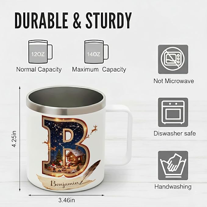 Personalized Christmas Mug | Custom Storybook Initial Insulated Coffee Cup with Handle & Lid | 12oz Magical Holiday Tumbler, Unique Gift for Readers & Kids (B18) - Bloomnest