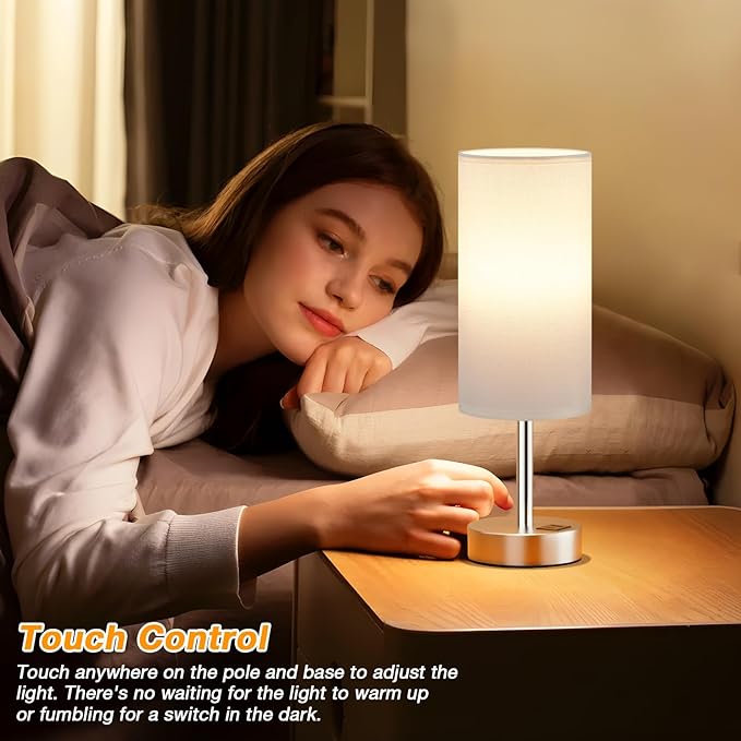 Dicoool White Touch Bedside Lamp with USB - 3 Way Dimmable Table Lamp for Bedroom, Nightstand Lamp with Nickel Charging Station and Silver LampHolder for Dorm Kids Room, Small - Bloomnest