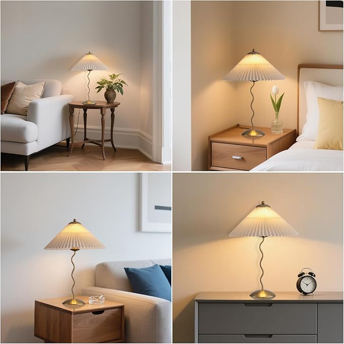 Pleated Table Lamp, S Tube Modern Table Lamp for Bedroom, Bedside Lamps with Organic Textured Linen Lampshade for Nightstand Bedroom Home Office Decor, Gold - Bloomnest