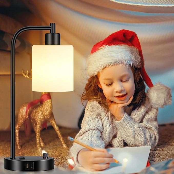 Lynnoland Set of 2 Industrial Table Lamps with USB C+A Ports and Outlet, Black Fully Stepless Dimmable Bedside Lamps, Nightstand Lamp with Opal Glass Shade for Reading Office (2 LED Bulb) - Bloomnest