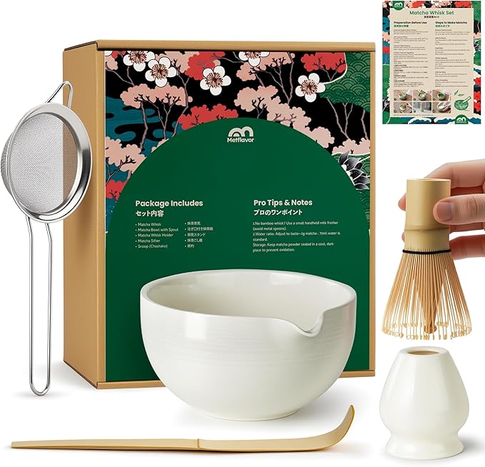 Matcha Whisk Set, Handcrafted Bamboo Chasen & Ceramic Bowl Matcha Kit, Complete 5 Pcs Matcha Set Whisk and Bowl W/Stainless Steel Sifter, Bamboo Scoop & Holder for Matcha Tea Ceremony (White) - Bloomnest
