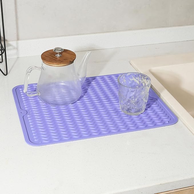 Silicone Dish Drying Mat for Multiple Usage,Easy clean,Eco-friendly,Heat-resistant Silicone Mat for Kitchen Counter or Sink,Refrigerator or drawer liner Light Purple L 16 inches x 12 inches - Bloomnest