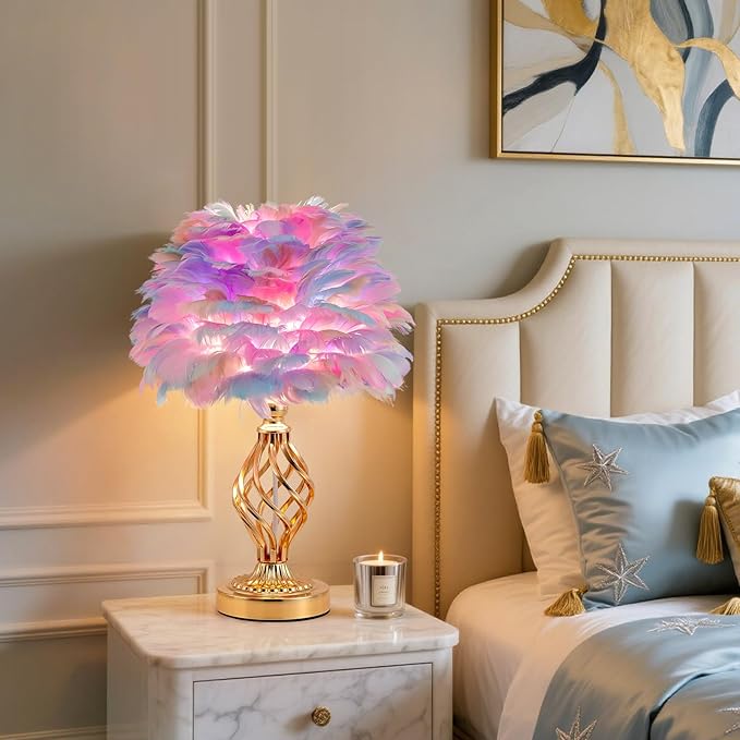 Colorful Feather Lamp Romantic Fluffy Bedside Lamp Creative Table Lamp Cute Goose Feather Nightstand Light for Girl Bedroom Living Room Hotel Office Entry Wedding - Bloomnest