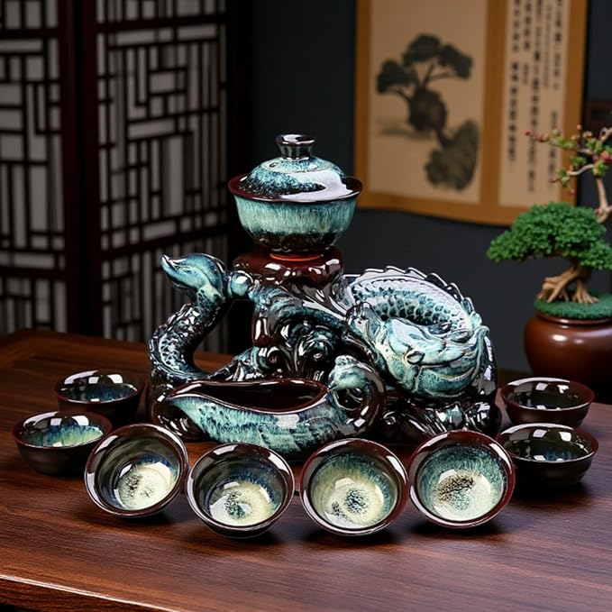 Chinese Gongfu Tea Set Ceramic Teapot with Infuser, 8 Cups, Semi Automatic Dragon Design for Loose Leaf Tea