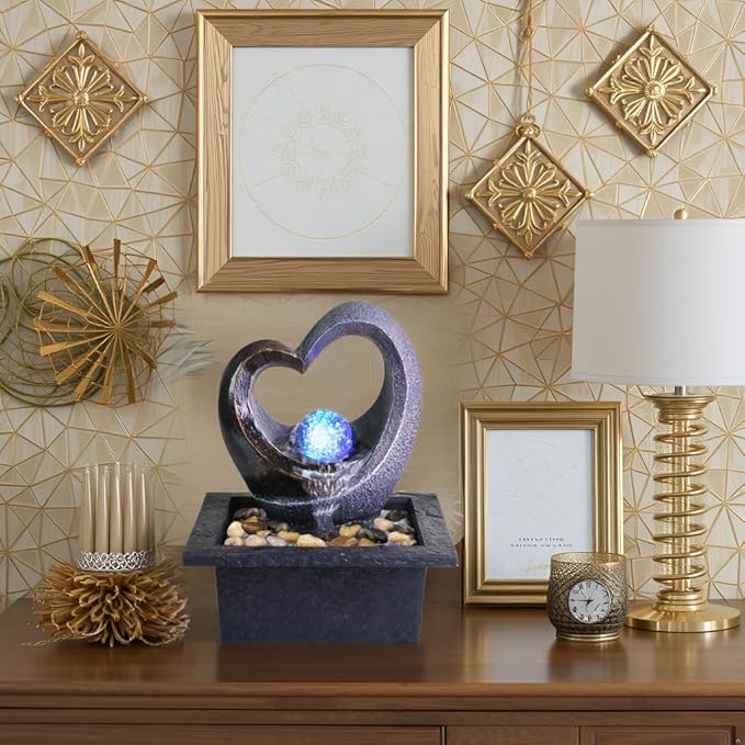 Ferrisland Tabletop Water Fountain, Zen Meditation Indoor Waterfall Fountain, Heart Shape Decoration with LED Light for Home Office Bedroom Relaxation Decor, Gift Ideas - Bloomnest