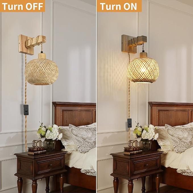 Bamboo Plug in Wall Sconces Set of Two, Hand Woven Boho Wall Lamp Plug in Cord Wall Sconces for Bedroom Living Room Farmhouse - Bloomnest