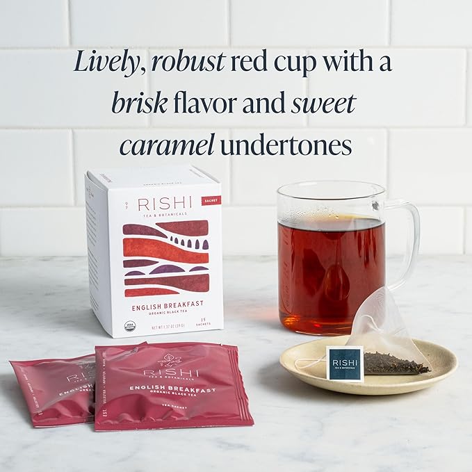 Rishi Tea English Breakfast Tea - Organic Sachet Tea Bags, Energizing & Caffeinated Pure Black Tea, Ideal for Hot or Iced Tea - 15 Count (Pack of 6) - Bloomnest