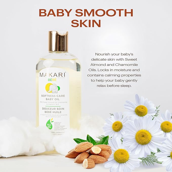 Makari Softness Care Baby Oil with Sweet Almond, Chamomile & Vitamins C & E, Hypoallergenic & Paraben-Free, Ideal for All Skin Types, Formulated for Sensitive and Delicate Newborn Skin - Bloomnest