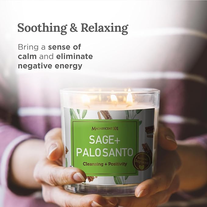 MAGNIFICENT 101 Sage & Palo Santo Candle - 14 Oz - 56 Hr Burn Time - Soy Wax Smudge Candle for Negative Energy Cleansing & Manifestation Magnificent101