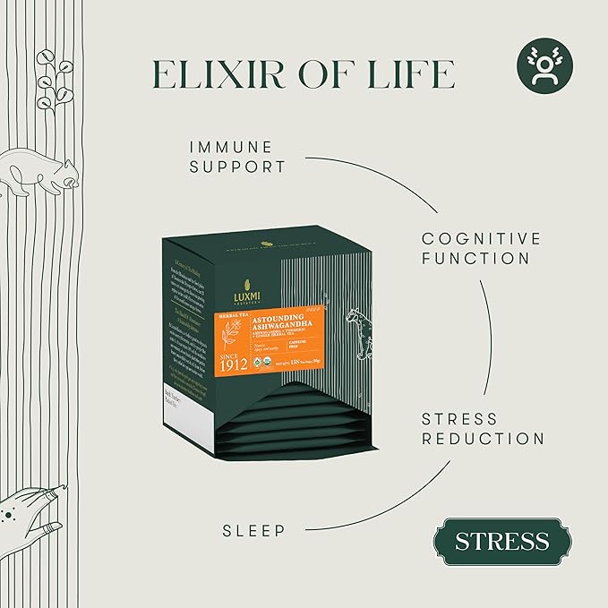Luxmi Estates Astounding Ashwagandha Root Tea, 15 Tea Bags (30g) Pack of 6, Certified USDA Organic Herbal Eco-Conscious Tea Bags, with Turmeric, Ginger, Lemongrass & More, for Sleep, Relaxing, and Stress Relief - Bloomnest