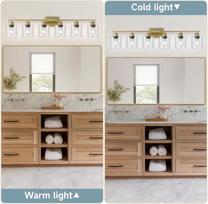 Modern Brushed Gold 6 Light Bathroom Light Fixtures,38 inch Vanity Lights for Bathroom with Clear Glass, Vanity Light for Mirror Kitchen Living Room Hallway Cabinet Porch - Bloomnest