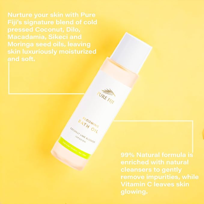Pure Fiji Bath Oil, Conditioning Body Moisturizer with Natural Ingredients Bath Essential for Women Moisturizing Bath & Body Oil - Coconut Lime Blossom (8oz/236ml)