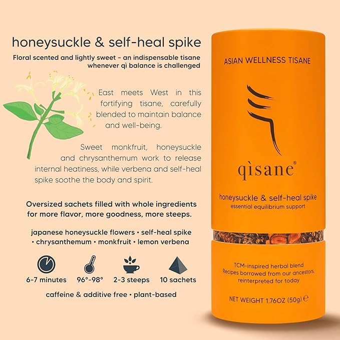 qìsane Honeysuckle Tea with Chinese Medicinal Plants - Dried Honeysuckle Flowers, Self Heal Spike, Lemon Verbena & Monkfruit to Help Support Detox & Ease Discomfort - 10 sachets (~30 cups) - Bloomnest
