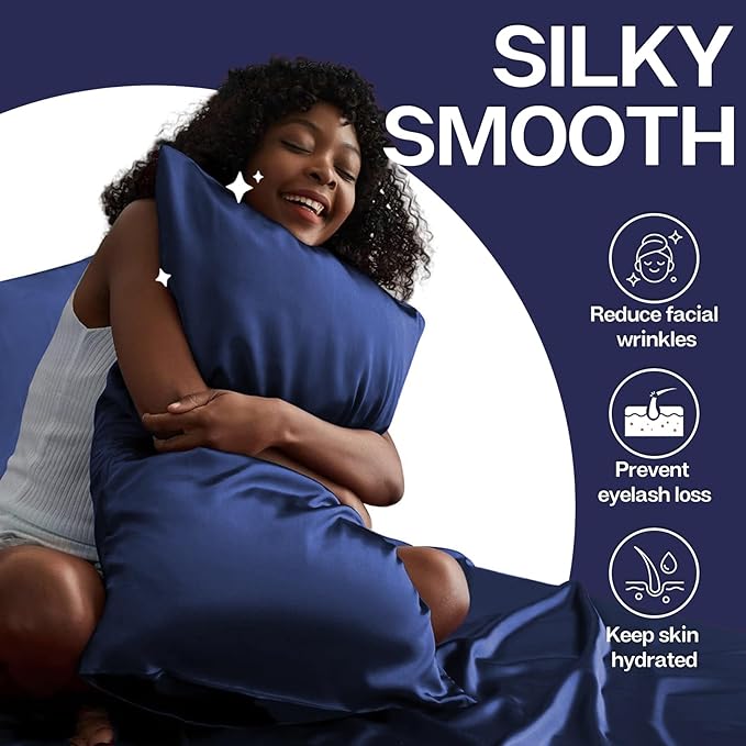 MR&HM Satin Pillowcase for Hair and Skin, Silk Satin Pillowcase 2 Pack, Queen Size Pillow Cases Set of 2, Silky Pillow Cover with Envelope Closure (20x30, Navy Blue) - Bloomnest