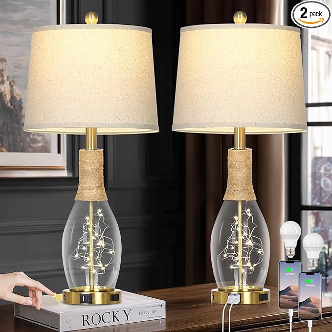 28" Boho Table Lamps Set of 2, Coastal Glass Lamps with USB A+C Ports and Outlet, Nautical Beach Bedside Lamp for Living Room Bedroom Night Stands(2 LED Bulbs Included), Gold - Bloomnest