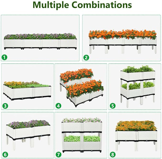 S AFSTAR Raised Garden Bed Kit Set of 4, Elevated Planter Boxes with Self-Watering Design & Removable Legs, Outdoor Plastic Planter Box for Patio Yard Balcony Gardening, Rattan Pattern (White) - Bloomnest