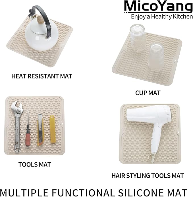 Silicone Dish Drying Mat for Multiple Usage,Easy clean,Eco-friendly,Heat-resistant Silicone Mat for Kitchen Counter or Sink,Refrigerator or Drawer liner Tapioca M 12 inches x 12 inches - Bloomnest