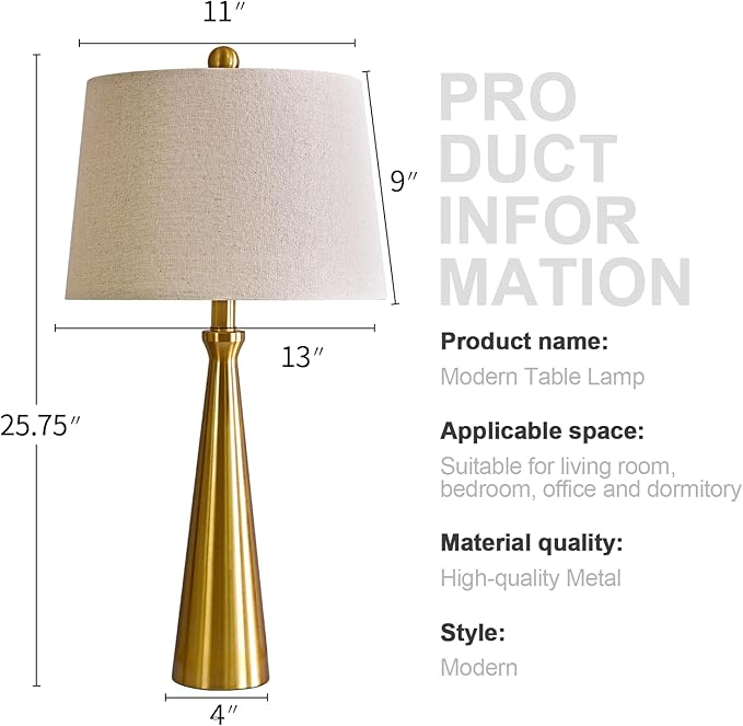 Oneach 25.75" 3-Way Dimmable Touch Control Modern USB Table Lamp Set of 2 for Living Room Bed Room Bedside Nightstand Lamps Fabric Shade Vintage Accent Light Gold Antique Brass - Bloomnest