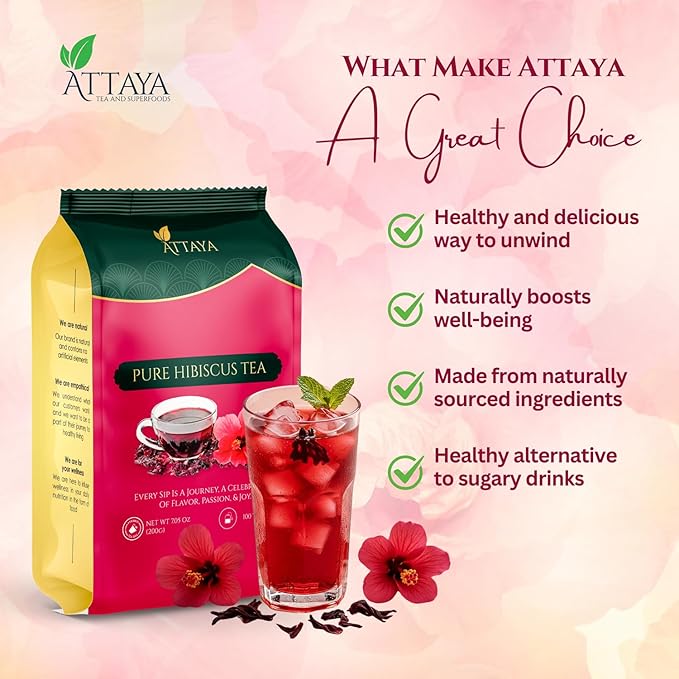 Attaya Pure Hibiscus Tea Bags 35 Count - Premium Herbal Tea - Dried Hibiscus Flowers - Antioxidant-Rich for Wellness & Relaxation - Caffeine-Free, Non-GMO, No Sugar - Eco-Friendly Bags - Bloomnest