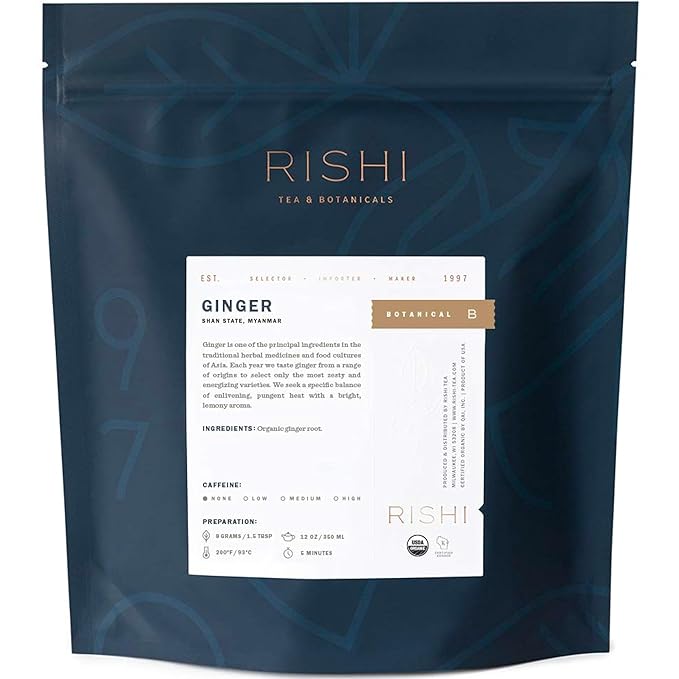 Rishi Tea Ginger Herbal Tea - Organic, Caffeine Free Loose Leaf, Pure Botanical Digestive - 16 Ounces, 56+ Servings - Bloomnest
