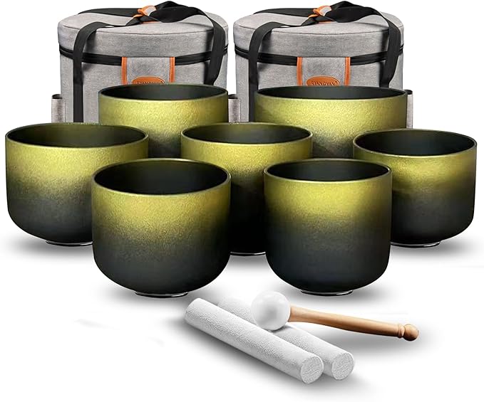 Ryan Dvan Crystal Singing Bowl Set 7-12 Inch, Black with Gold Frosted Quartz Sound Therapy Bowls with Mallets, O-Rings & 2 Carrying Cases — Chakra Healing, Reiki, Yoga, Meditation, Energy Balancing - Bloomnest