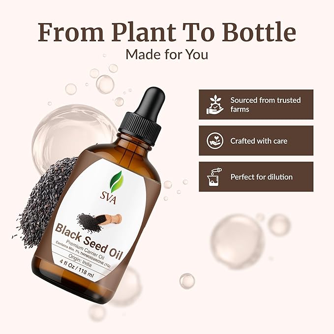 SVA Black Seed Oil - 4 Fl Oz – 100% Natural Cold Pressed Black Seed Oil - for Face, Skin Care, Hair Care, Scalp Massage & Body Massage – Carrier Oil with Dropper - Bloomnest