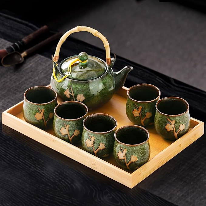 Traditional Japanese tea set, Kiln altered glaze Porcelain tea set with 1 Teapot, 6 Tea cups, 1 Tea Tray,Japanese teapot set, Asian tea sets (Kiln altered-Green) - Bloomnest