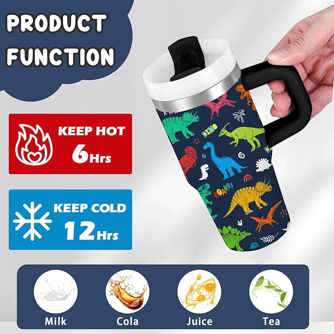 Dinosaur Tumbler Gifts, 14oz Dinosaur Themed Tumbler with Handle and Straw, Stainless Steel Double Wall Vacuum Insulated Cup Keep Hot Cold - 14oz Travel Mug with Lid Tumblers for Home Work Outdoor Use - Bloomnest