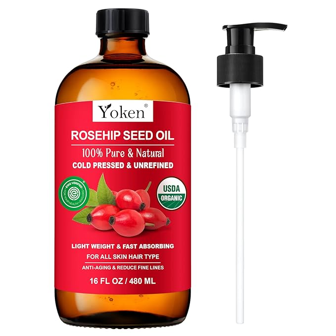 Organic Rosehip Seed Oil, USDA 100% Pure Rosehip Oils for Face, Hair & Body, Large Glass Bottle 16 fl oz Cold Pressed Rose Hip Oil for Skin Care, Moisturizing, Massage, Gua Sha & DIY Blends - Bloomnest